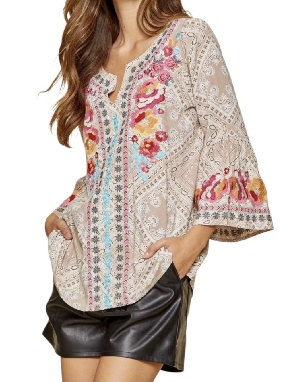 Savanna Jane South Beach Embroidered Split V Neck Boho Bandana Blouse Top Small